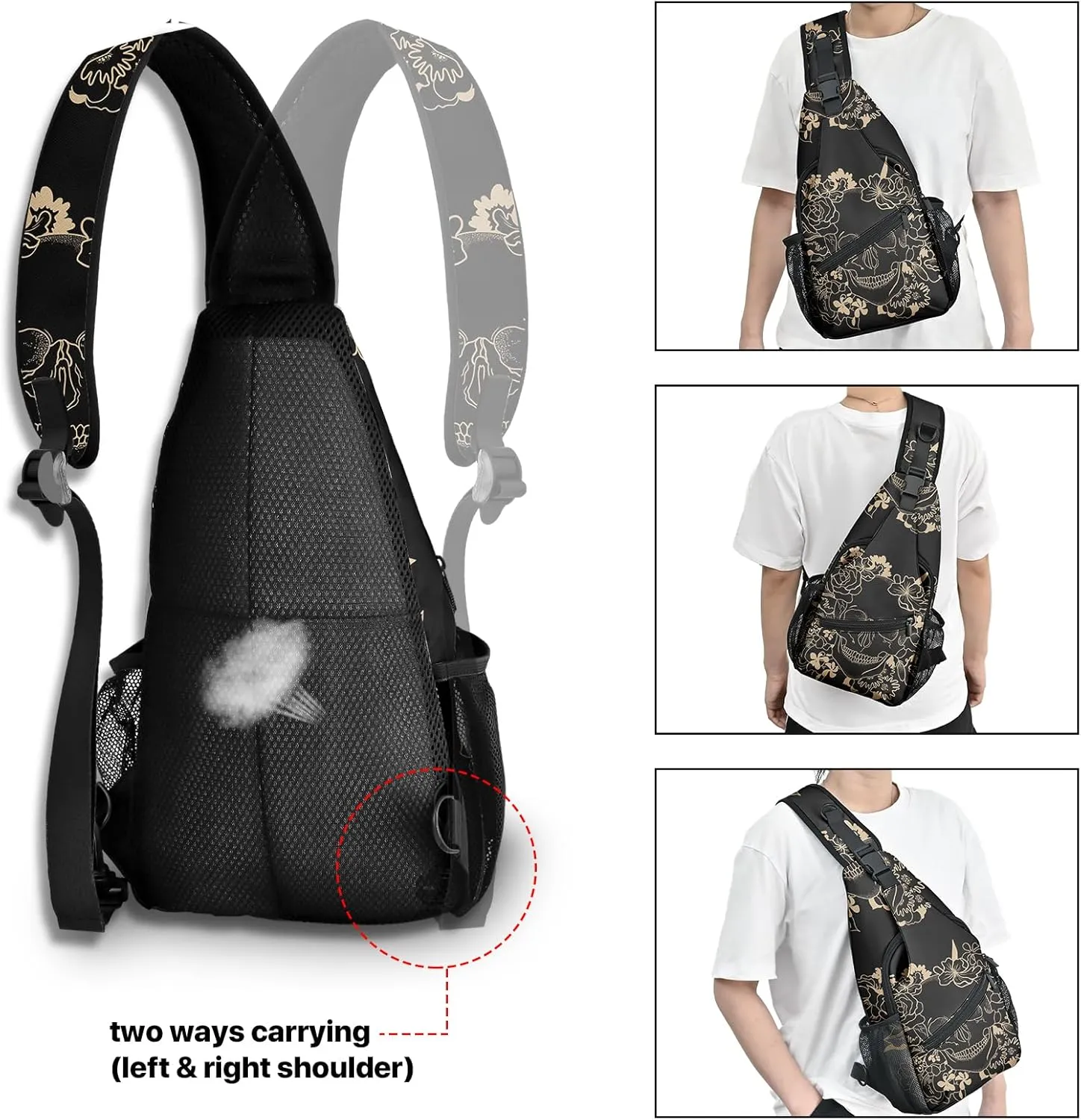 Skull Sling Bag Travel Sling Backpack Crossbody Bag Shoulder Pack Hiking chest Daypack for Women Men Waterproof Adjustable Lightweight Cycling Runners Climbing