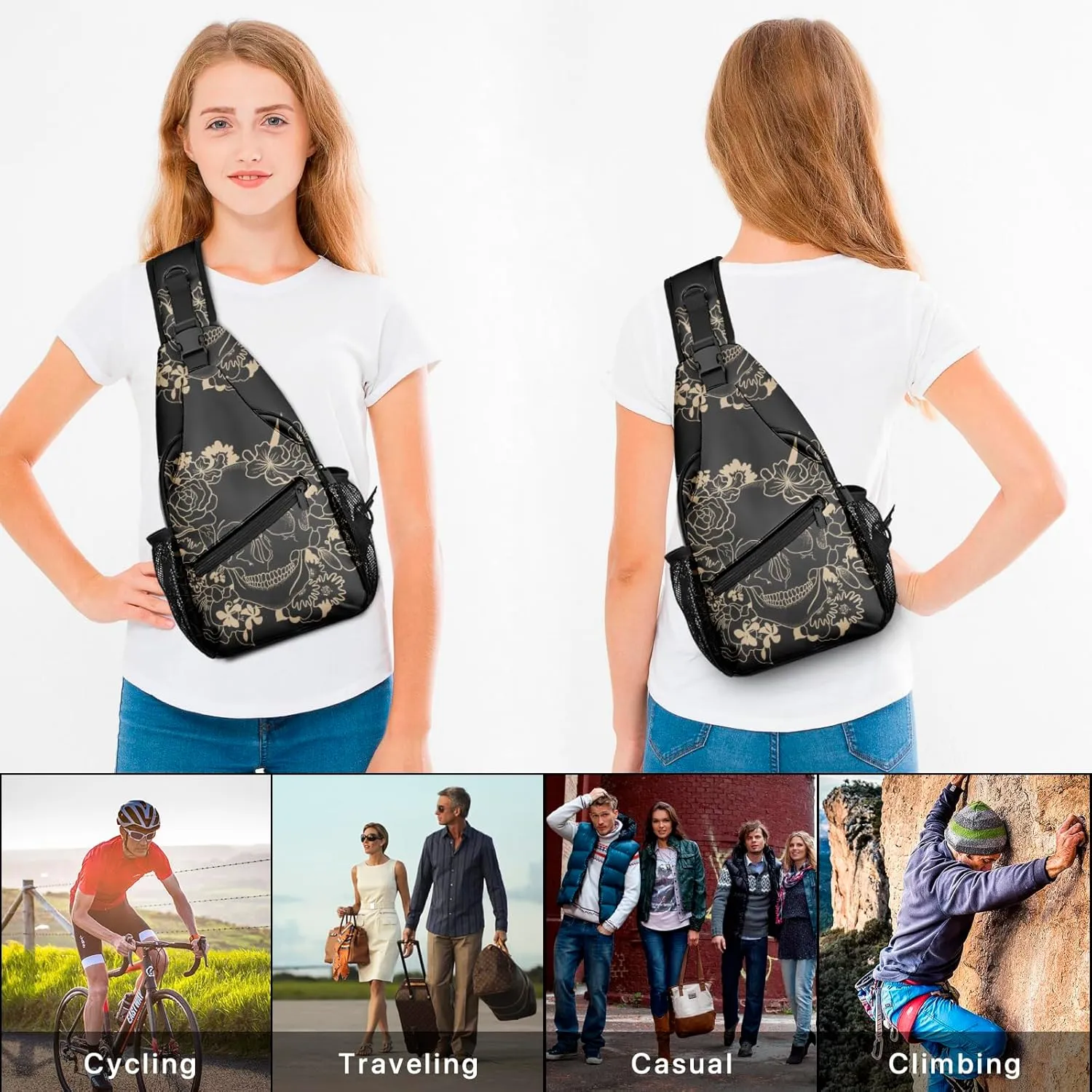 Skull Sling Bag Travel Sling Backpack Crossbody Bag Shoulder Pack Hiking chest Daypack for Women Men Waterproof Adjustable Lightweight Cycling Runners Climbing