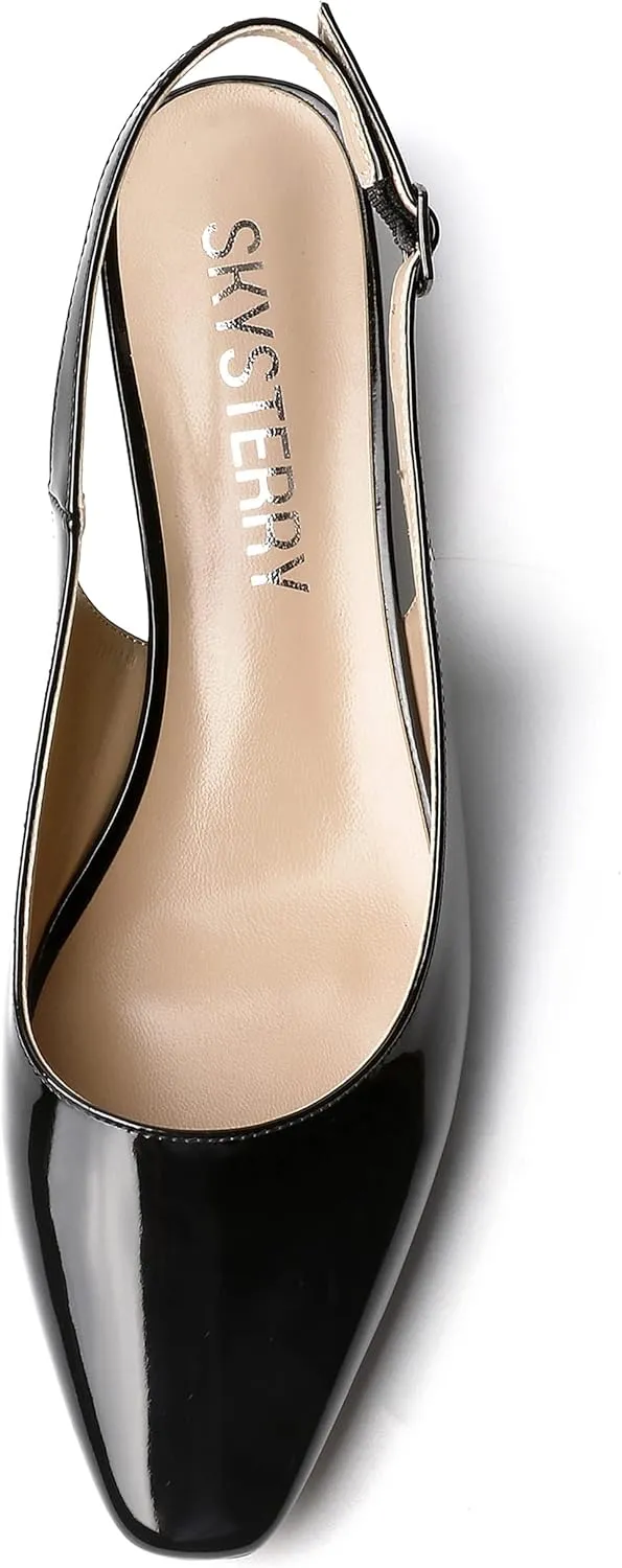 SKYSTERRY Women's Slip On Square Toe Casual Patent Slingback Dating Spool Low Heel Pumps Shoes 1.5 Inch
