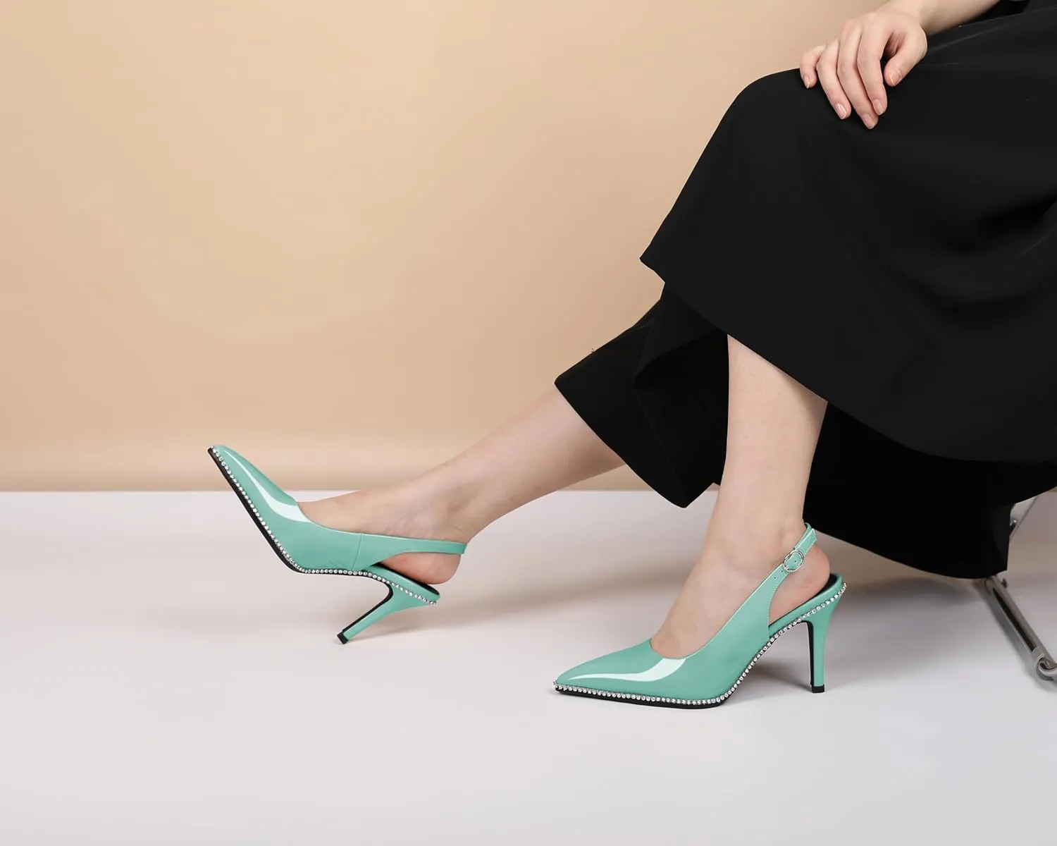 Slingback Heels Women Stilettos High Heel Rhinestones Beaded Pumps Closed Pointd Toe Shoes Slip On Event Party 3.5 Inch Dressy Sandals