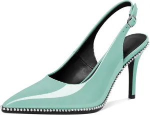 Slingback Heels Women Stilettos High Heel Rhinestones Beaded Pumps Closed Pointd Toe Shoes Slip On Event Party 3.5 Inch Dressy Sandals