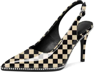 Slingback Heels Women Stilettos High Heel Rhinestones Beaded Pumps Closed Pointd Toe Shoes Slip On Event Party 3.5 Inch Dressy Sandals
