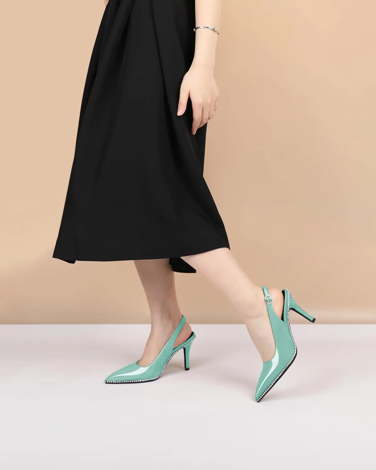 Slingback Heels Women Stilettos High Heel Rhinestones Beaded Pumps Closed Pointd Toe Shoes Slip On Event Party 3.5 Inch Dressy Sandals