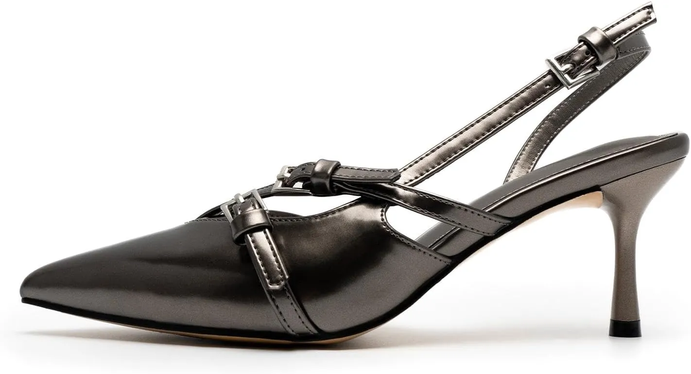 Slingback Kitten Heels for Women Pointed Toe Heels Closed Toe Low Heel Wedding Dress Pumps with Buckles Strap