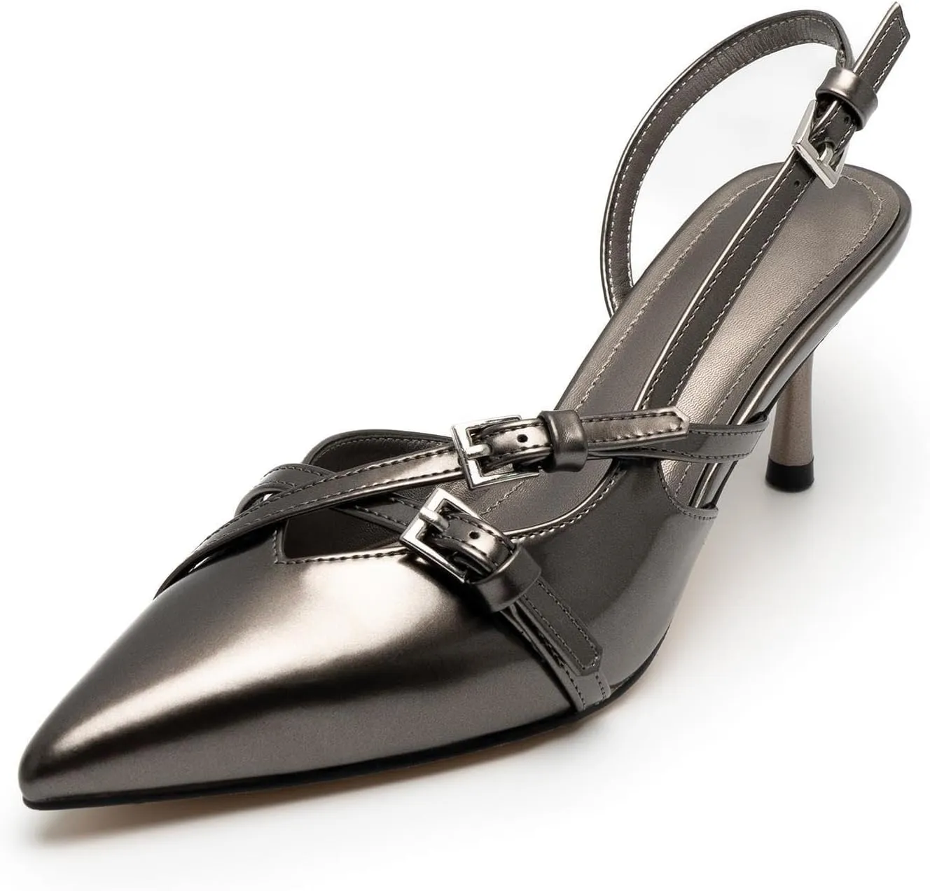 Slingback Kitten Heels for Women Pointed Toe Heels Closed Toe Low Heel Wedding Dress Pumps with Buckles Strap