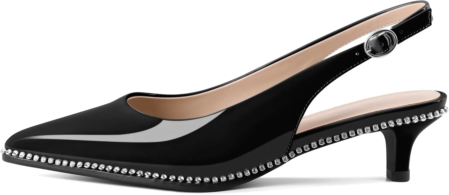 Slingback Low Heels Women Kitten Heel Rhinestones Beaded Pumps Closed Pointd Toe Shoes Slip On Event Party 1.5 Inch Dressy Sandals