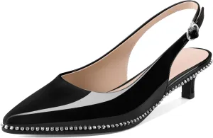 Slingback Low Heels Women Kitten Heel Rhinestones Beaded Pumps Closed Pointd Toe Shoes Slip On Event Party 1.5 Inch Dressy Sandals