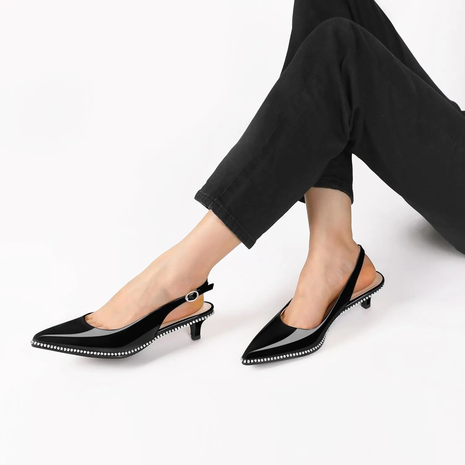 Slingback Low Heels Women Kitten Heel Rhinestones Beaded Pumps Closed Pointd Toe Shoes Slip On Event Party 1.5 Inch Dressy Sandals