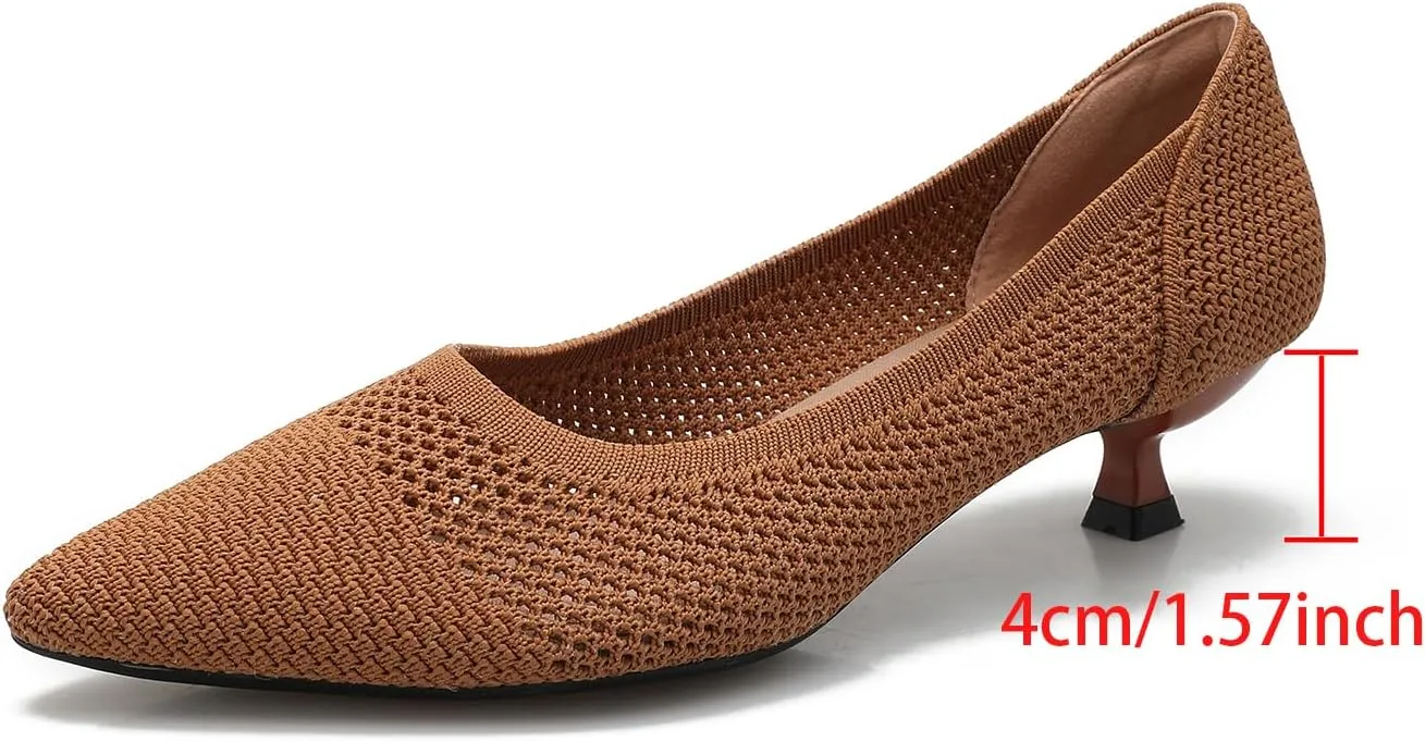 Slip On Kitten Pumps for Women Casual Pointed Toe Knit Heels Women's Closed Toe Low Kitten Heels Meeting Daily Work Dress Shoes Breathable Mesh 1.5"