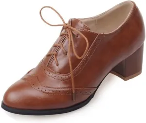 SO SIMPOK Women's Lace Up Oxfords Shoes Vintage Brogues Perforated Chunky Block Heel Party Dress Shoes Pumps Saddle Oxfords