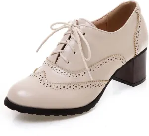 SO SIMPOK Women's Lace Up Oxfords Shoes Vintage Brogues Perforated Chunky Block Heel Party Dress Shoes Pumps Saddle Oxfords
