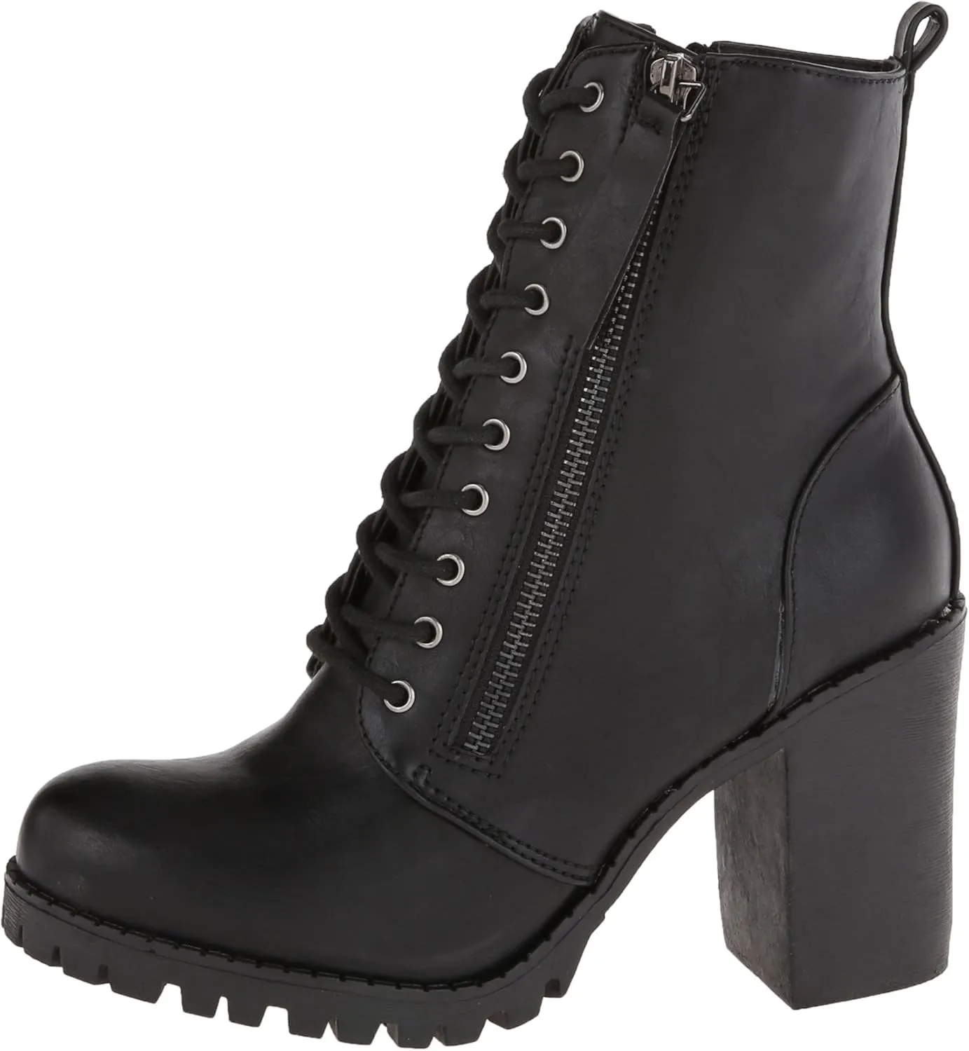 Soda Malia Round Toe Stacked Lug Heel Lace Up Ankle Booties