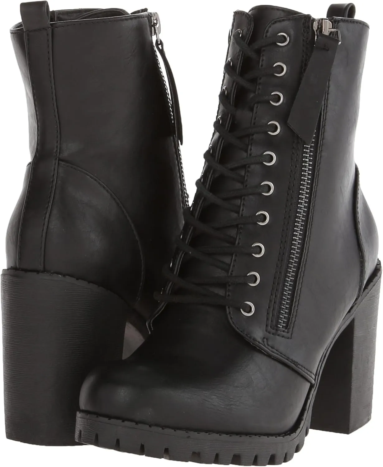Soda Malia Round Toe Stacked Lug Heel Lace Up Ankle Booties