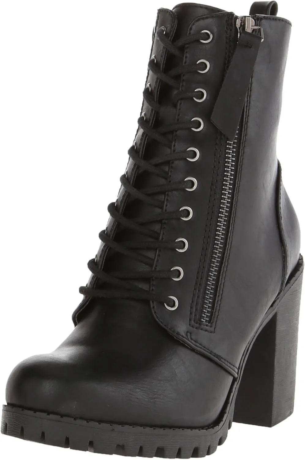 Soda Malia Round Toe Stacked Lug Heel Lace Up Ankle Booties