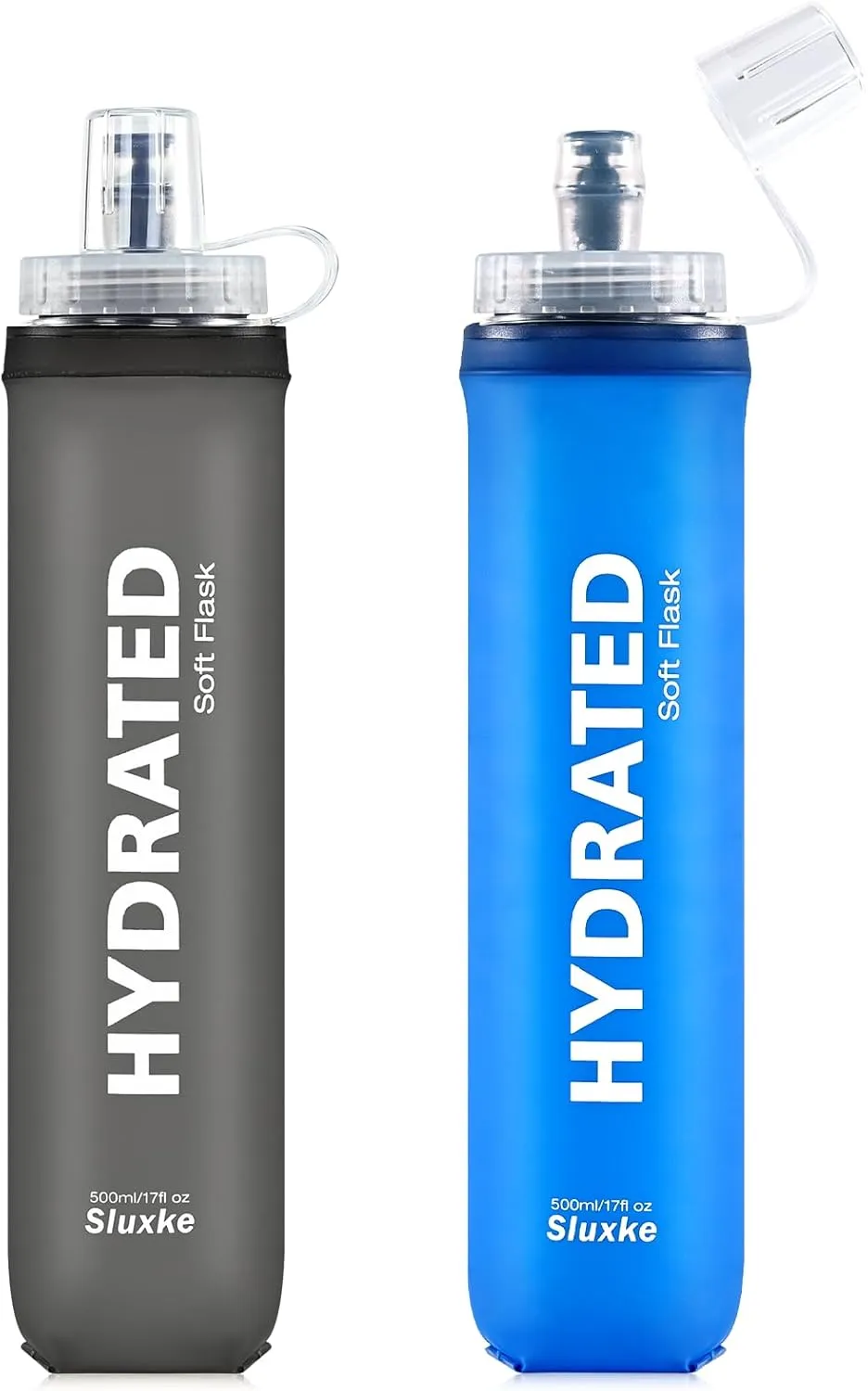 Soft Flask 2 Pack with Dust Cap, 17oz/500ml Flexible TPU Soft Water Flask for Running Vest, BPA-Free Hydration Foldable Running Flask for Running, Hiking, Cycling