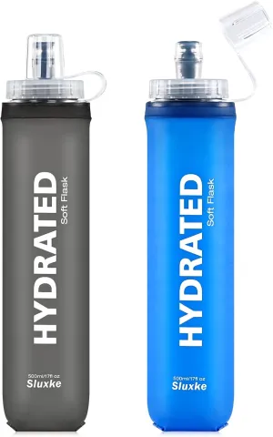 Soft Flask 2 Pack with Dust Cap, 17oz/500ml Flexible TPU Soft Water Flask for Running Vest, BPA-Free Hydration Foldable Running Flask for Running, Hiking, Cycling