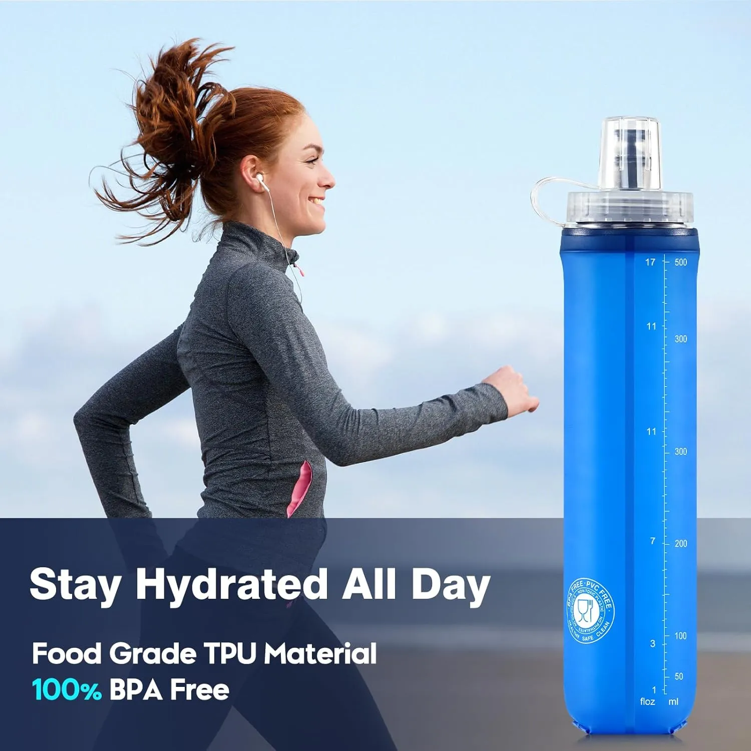Soft Flask 2 Pack with Dust Cap, 17oz/500ml Flexible TPU Soft Water Flask for Running Vest, BPA-Free Hydration Foldable Running Flask for Running, Hiking, Cycling