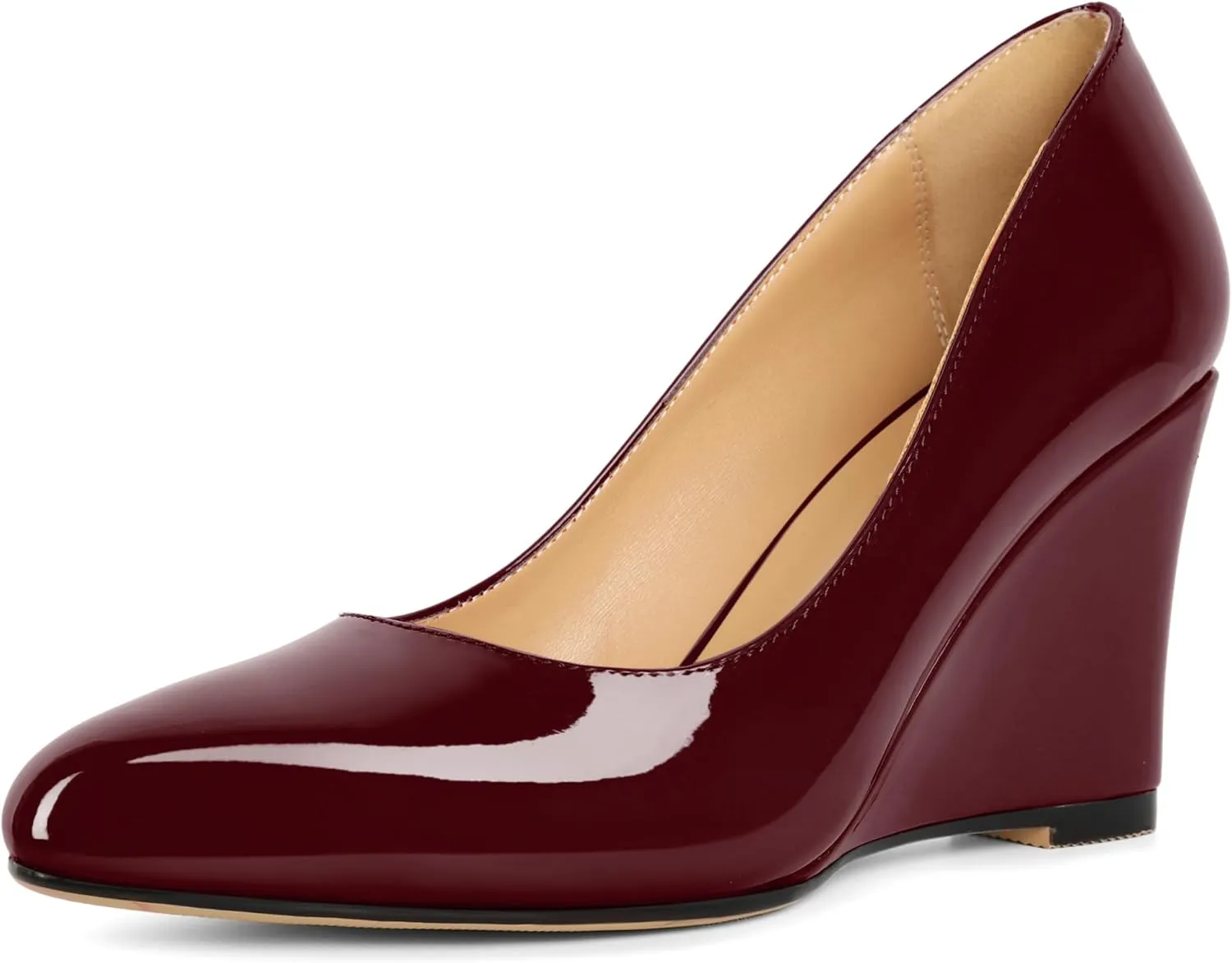 Soireelady Wedge Heel Pumps Round Closed Toe Slip On High Heel Wedges Comfortable Dress Shoes 3.5 Inches
