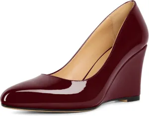 Soireelady Wedge Heel Pumps Round Closed Toe Slip On High Heel Wedges Comfortable Dress Shoes 3.5 Inches