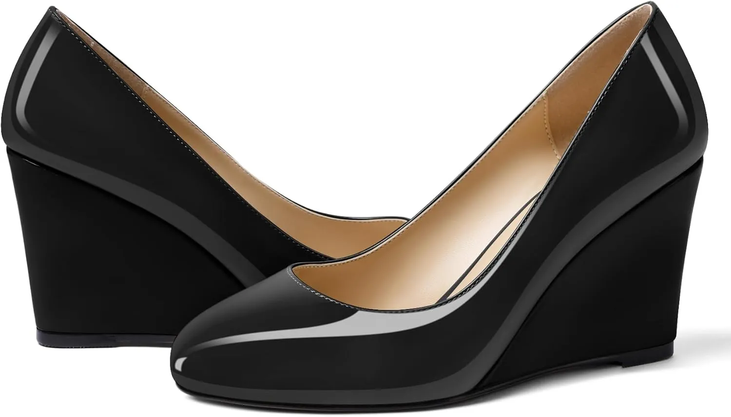 Soireelady Women Round Toe Wedges Closed Toe High Heel Pumps Slip On Wedge Heels Patent Leather Office Work Heels Elegant Dress Shoes