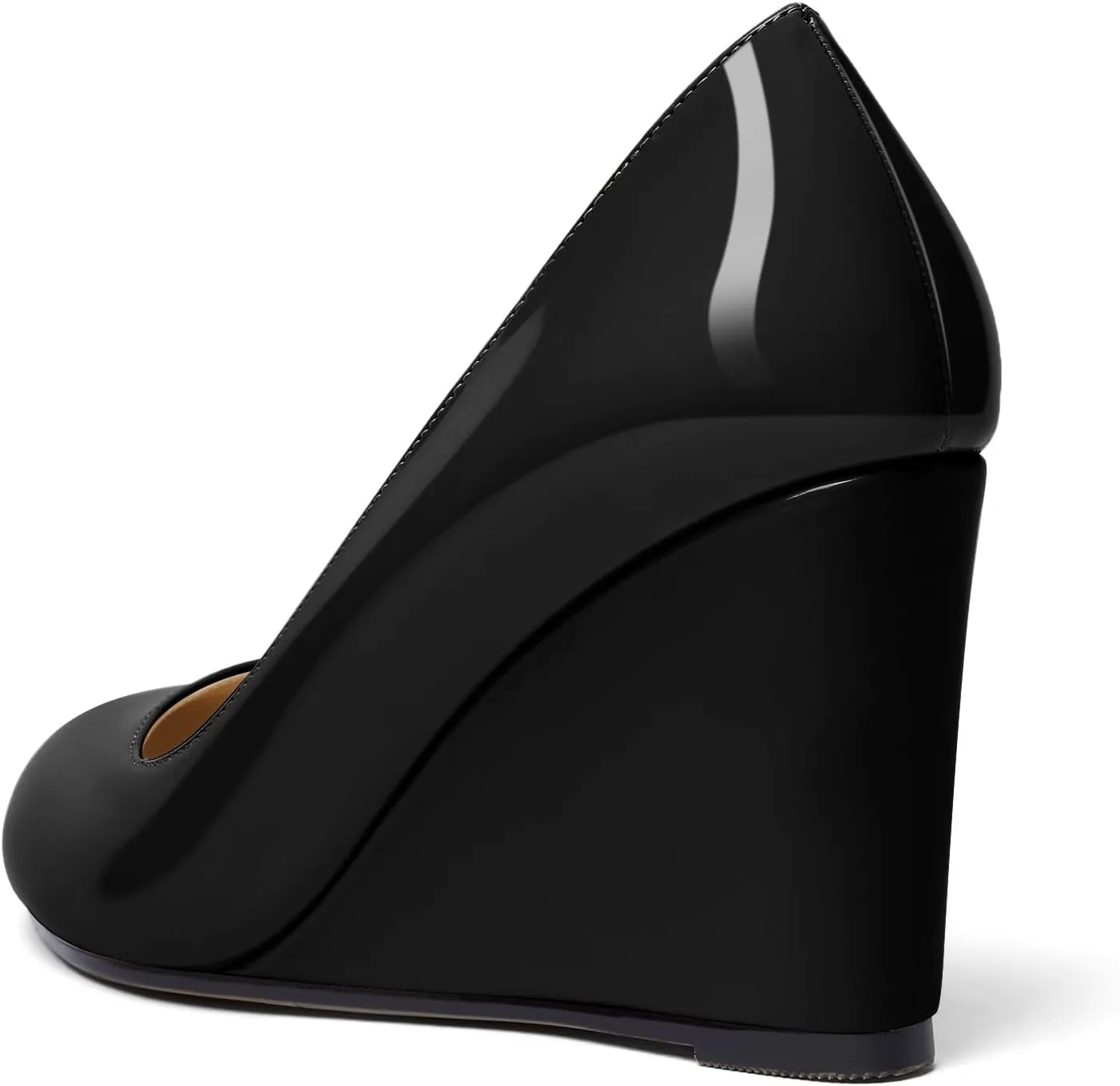 Soireelady Women Round Toe Wedges Closed Toe High Heel Pumps Slip On Wedge Heels Patent Leather Office Work Heels Elegant Dress Shoes
