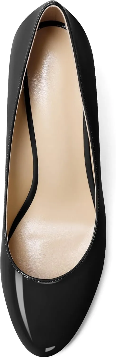 Soireelady Women Round Toe Wedges Closed Toe High Heel Pumps Slip On Wedge Heels Patent Leather Office Work Heels Elegant Dress Shoes