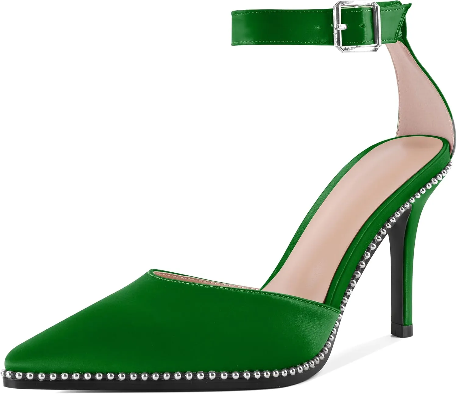Soireelady Womens High Heels Beaded Pumps Stiletto Ankle Strap Heels Pointed Toe D'Orsay Heel Dress Shoes Satin 3.5 Inch