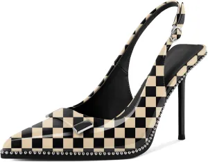 Soireelady Womens Slingback Heels Pointed Toe Stiletto High Heels Beaded Pumps Backless Stretch Metal Buckle 4 Inch Dress Shoes