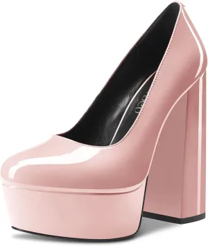 TNYNFBEB Women Chunky Block High Platform Heel Round Toe Pumps Slip-on Prom Basic Classic 5.5 Inches Heels
