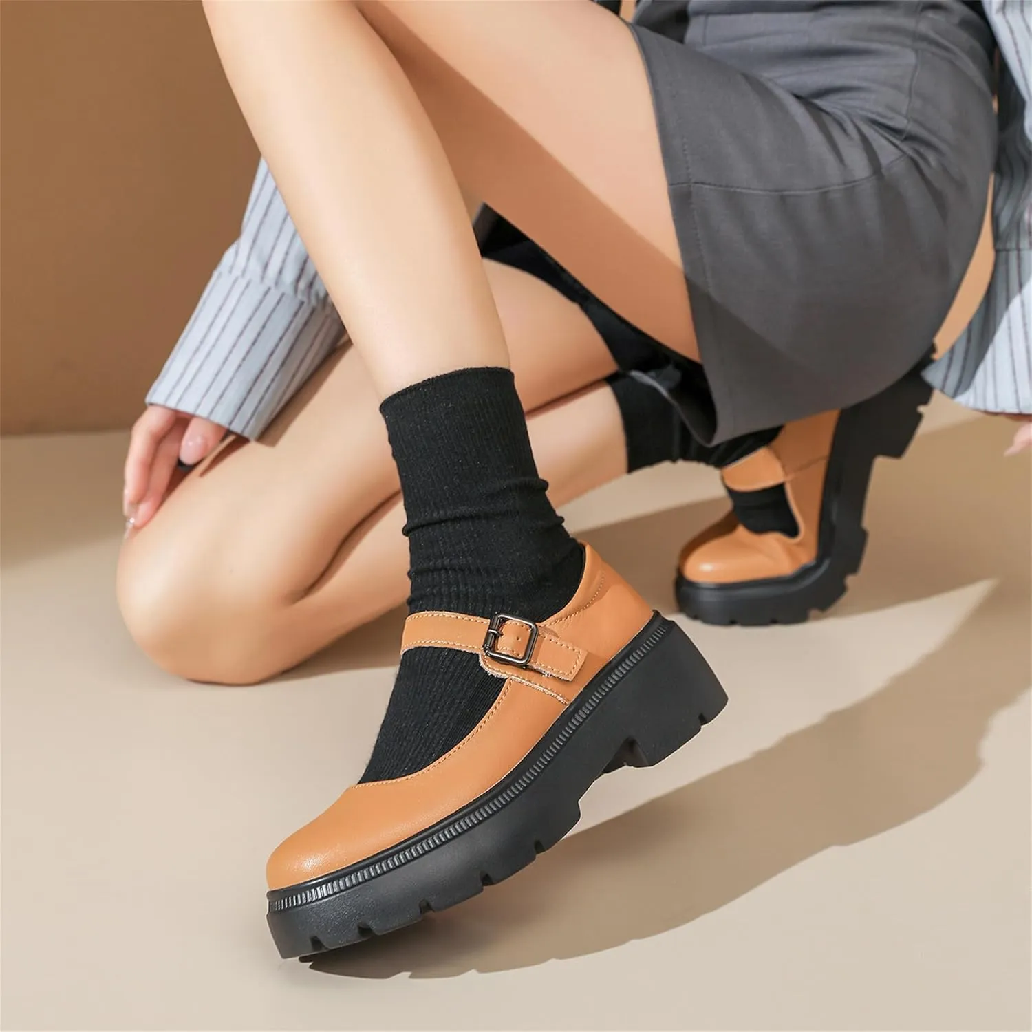 Touchmosees Women's Mary Janes Shoes Platform Dress Chunky Pumps Oxfords Low Heel Round Toe Ankle Strap Pumps Wedges Shoes