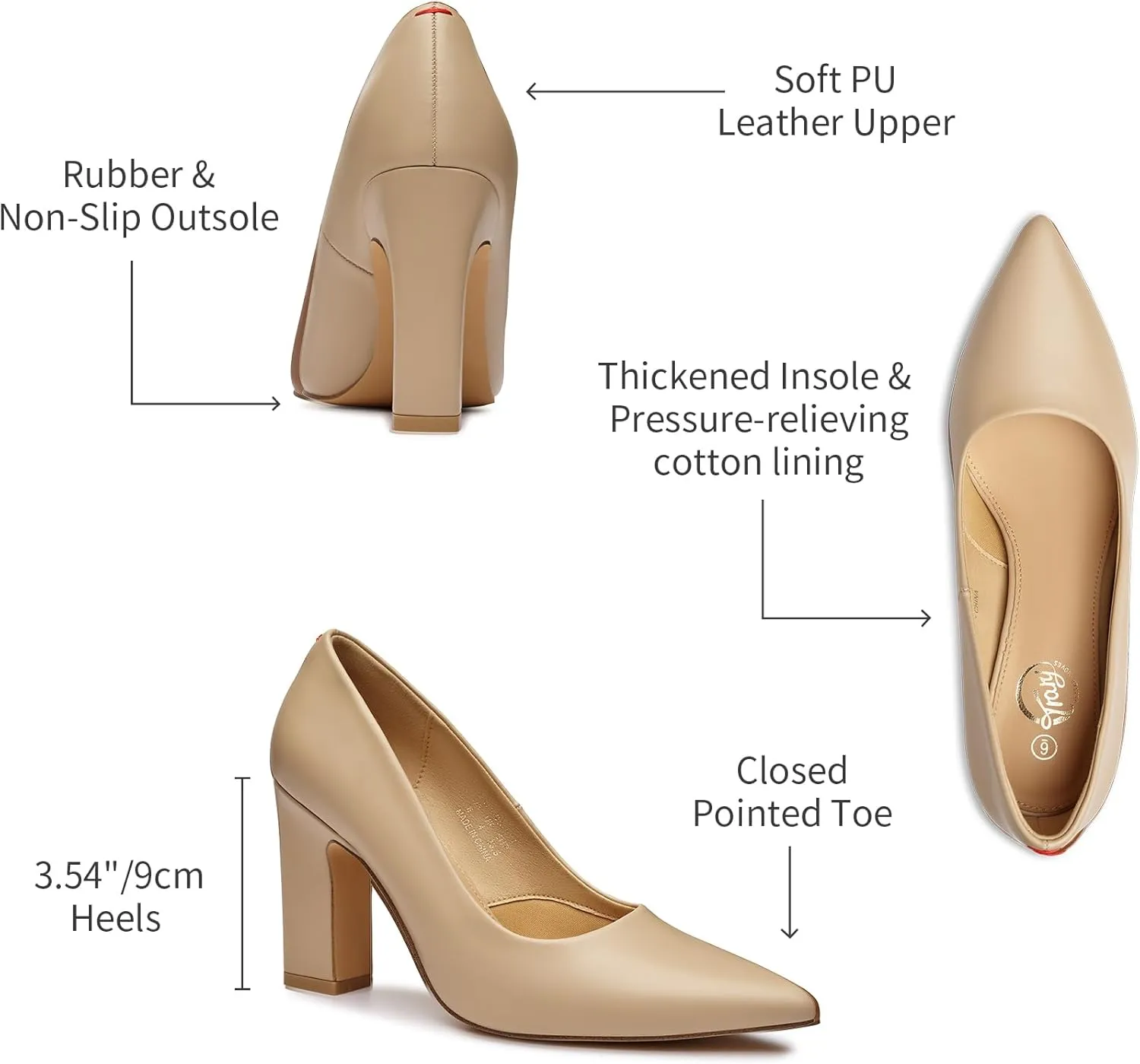 Trary Heels for Women Closed Pointed Toe Chunky Pumps Shoes Women Block High Heels Comfortable Slip-On Dress Office Party Wedding Shoes 3.54" Heel
