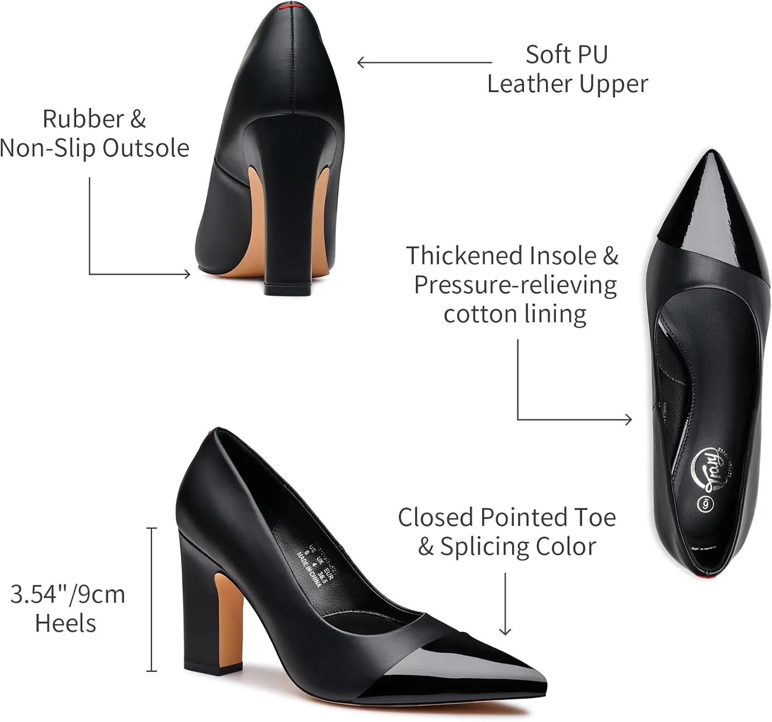 Trary Heels for Women Closed Pointed Toe Chunky Pumps Shoes Women Block High Heels Comfortable Slip-On Dress Office Party Wedding Shoes 3.54" Heel