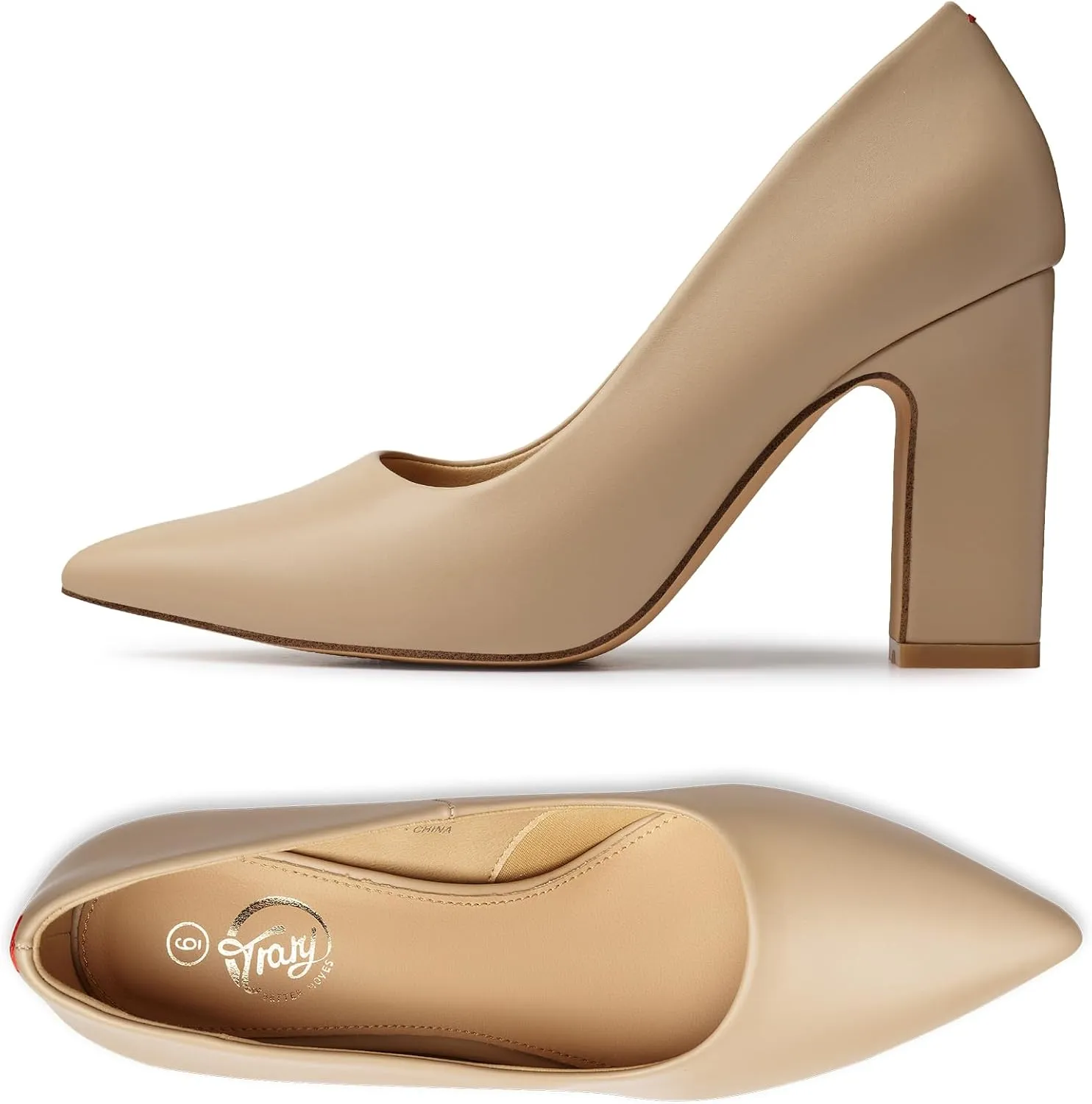 Trary Heels for Women Closed Pointed Toe Chunky Pumps Shoes Women Block High Heels Comfortable Slip-On Dress Office Party Wedding Shoes 3.54" Heel