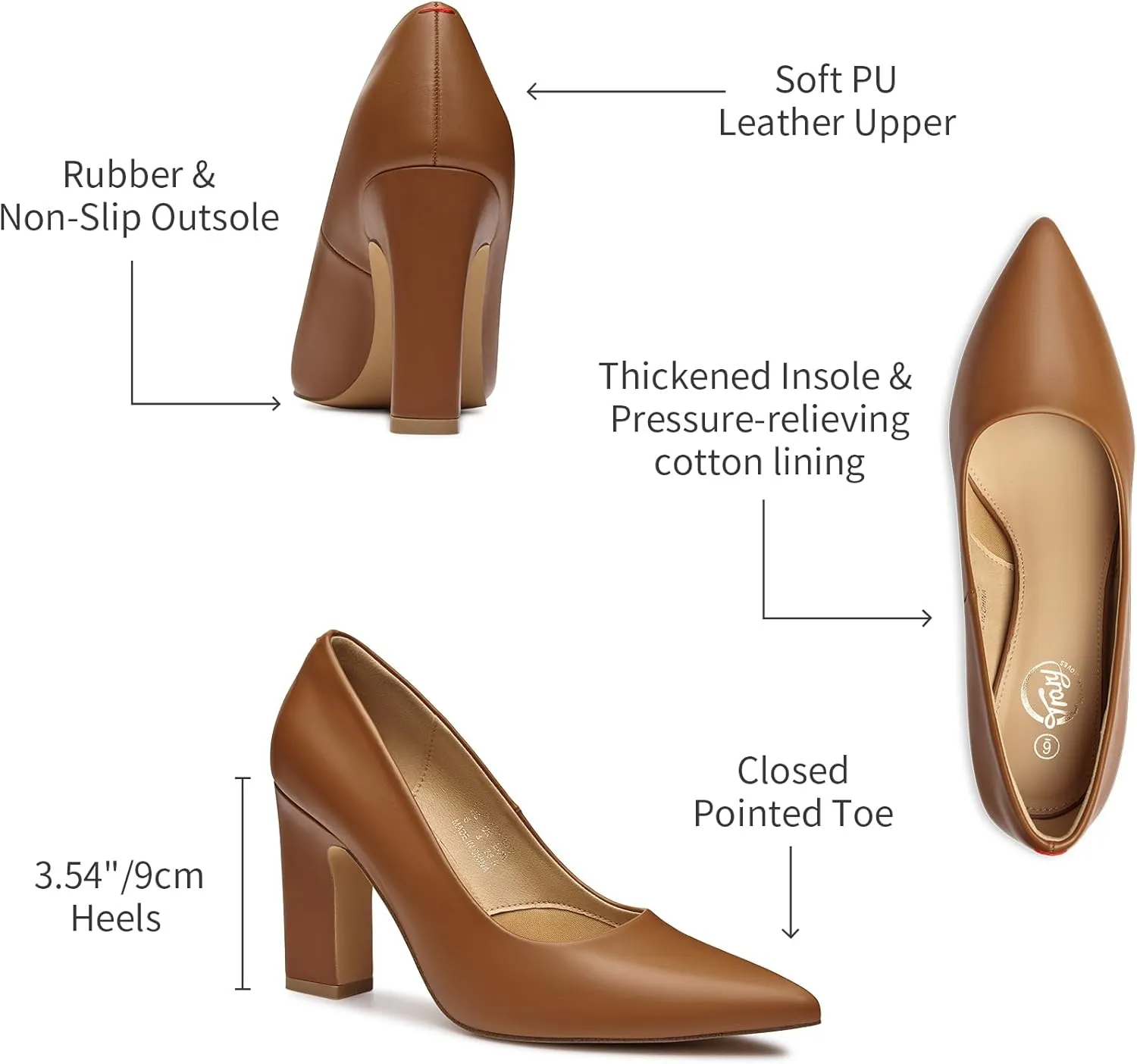 Trary Heels for Women Closed Pointed Toe Chunky Pumps Shoes Women Block High Heels Comfortable Slip-On Dress Office Party Wedding Shoes 3.54" Heel