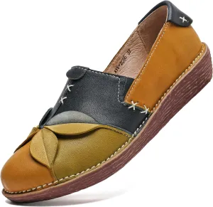 Trsorini Women's Casual Loafers Slip on Multi Color Stitching Leather Shoes Daily Walking