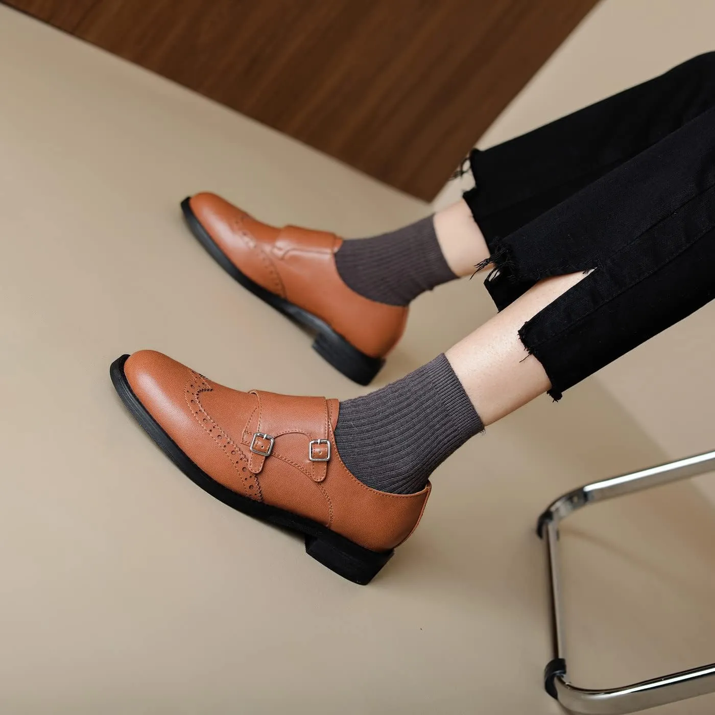 U-lite Womens Monk Strap Shoes Sheepskin Perforated Fashion Buckle Vamp Brouge Oxfords Dress Shoes