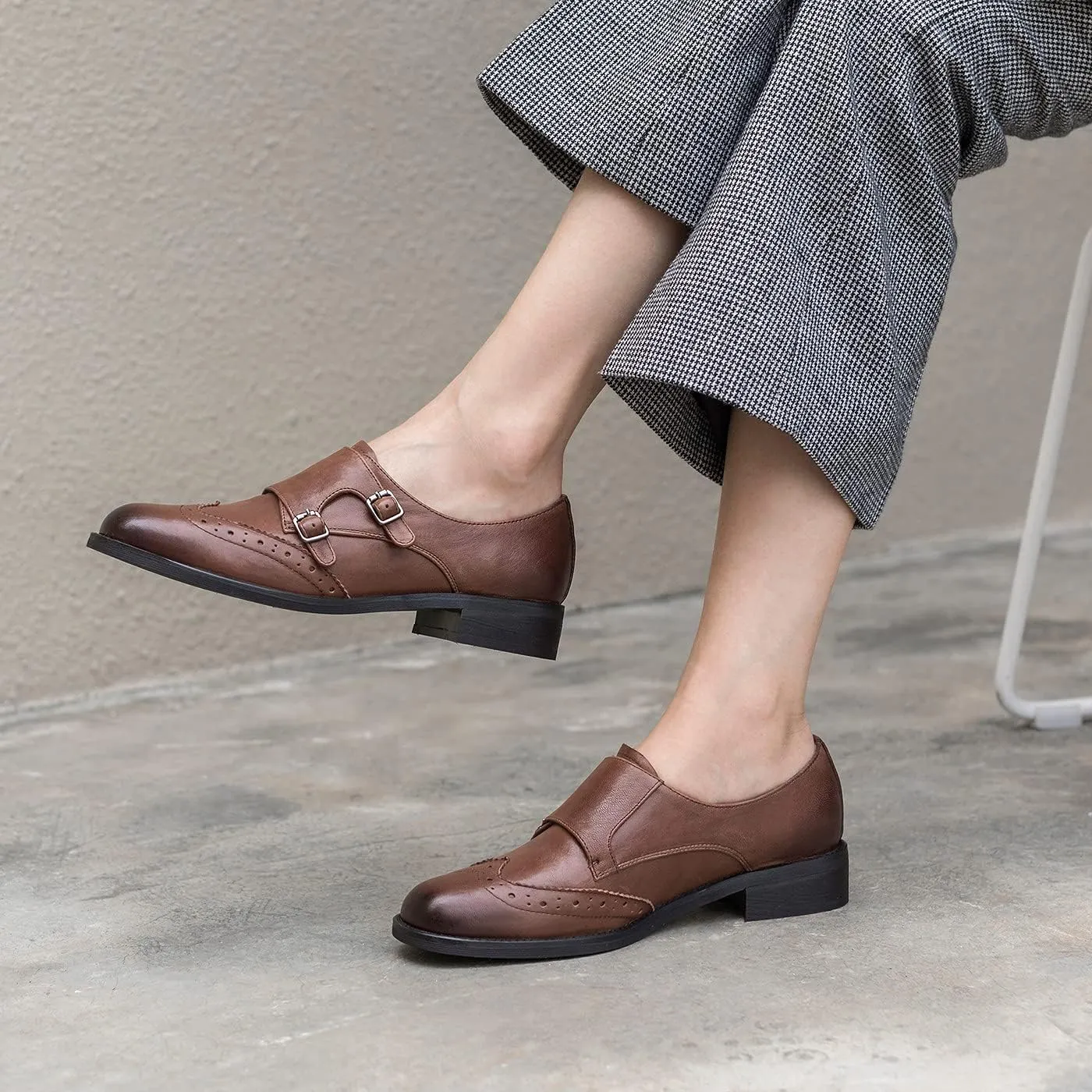 U-lite Womens Monk Strap Shoes Sheepskin Perforated Fashion Buckle Vamp Brouge Oxfords Dress Shoes