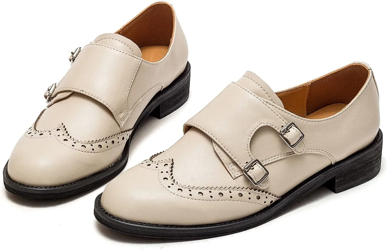 U-lite Womens Monk Strap Shoes Sheepskin Perforated Fashion Buckle Vamp Brouge Oxfords Dress Shoes
