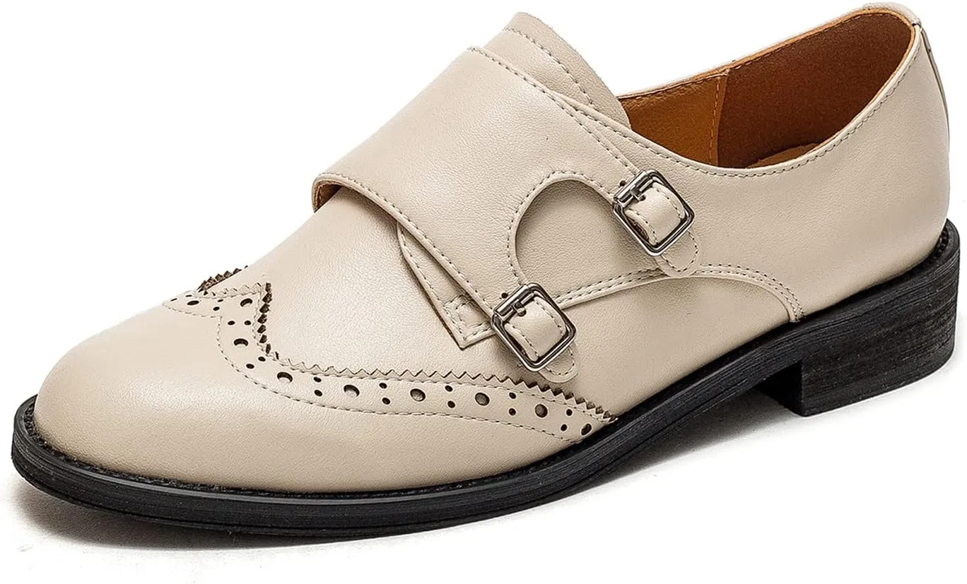 U-lite Womens Monk Strap Shoes Sheepskin Perforated Fashion Buckle Vamp Brouge Oxfords Dress Shoes