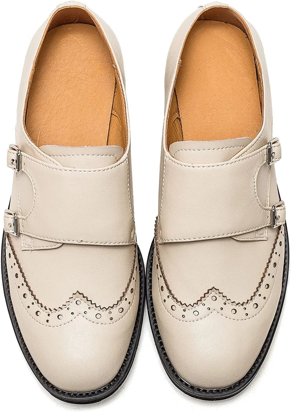 U-lite Womens Monk Strap Shoes Sheepskin Perforated Fashion Buckle Vamp Brouge Oxfords Dress Shoes