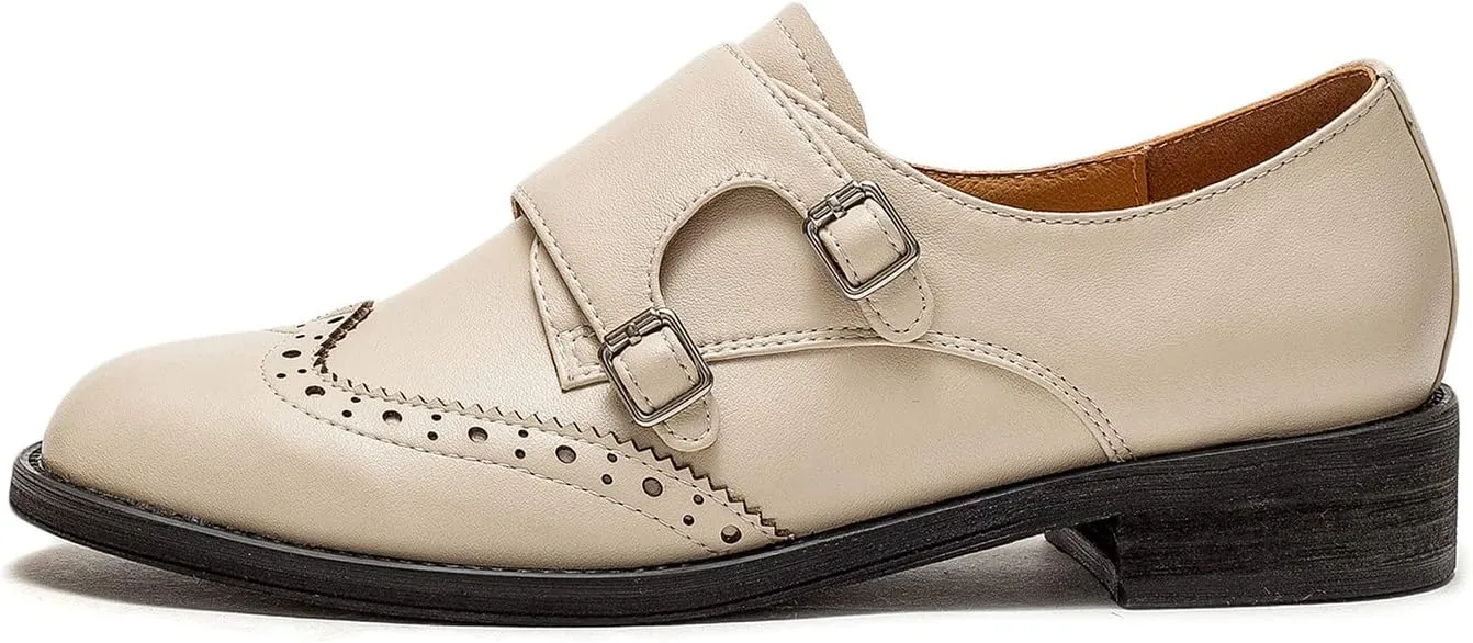 U-lite Womens Monk Strap Shoes Sheepskin Perforated Fashion Buckle Vamp Brouge Oxfords Dress Shoes