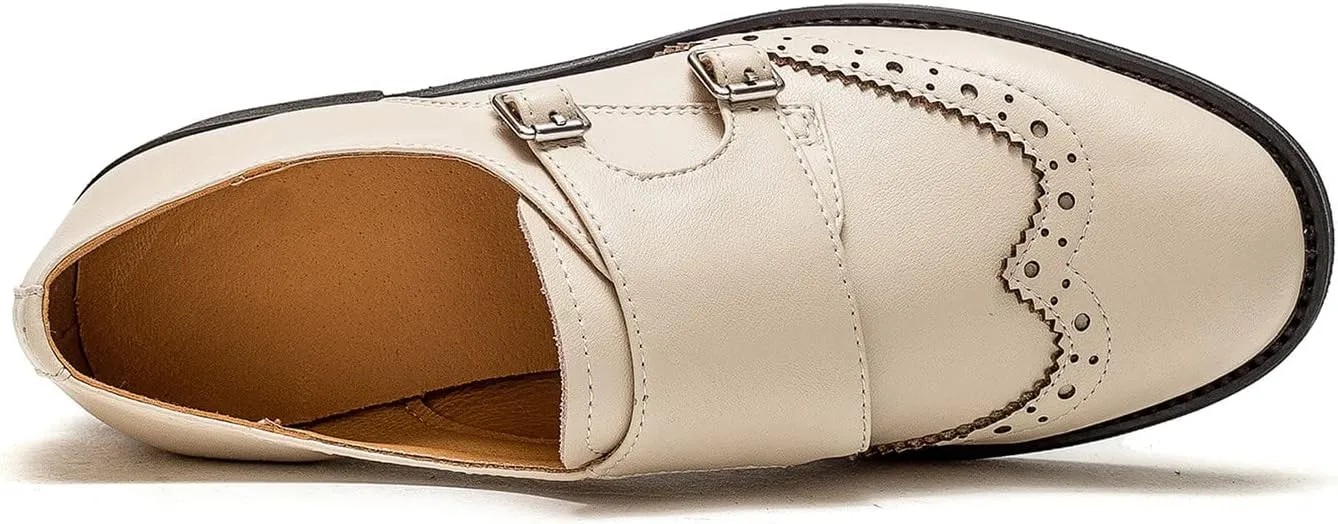 U-lite Womens Monk Strap Shoes Sheepskin Perforated Fashion Buckle Vamp Brouge Oxfords Dress Shoes