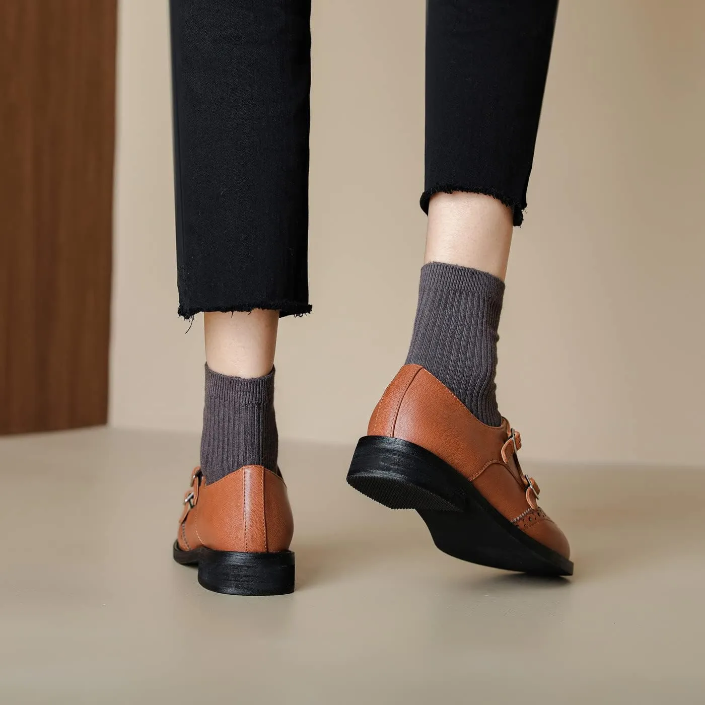 U-lite Womens Monk Strap Shoes Sheepskin Perforated Fashion Buckle Vamp Brouge Oxfords Dress Shoes