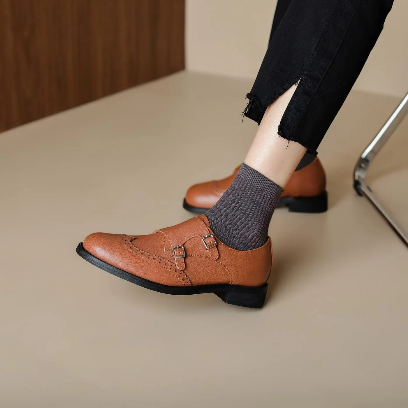 U-lite Womens Monk Strap Shoes Sheepskin Perforated Fashion Buckle Vamp Brouge Oxfords Dress Shoes