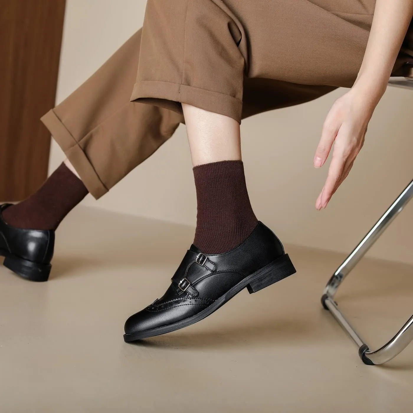 U-lite Womens Monk Strap Shoes Sheepskin Perforated Fashion Buckle Vamp Brouge Oxfords Dress Shoes