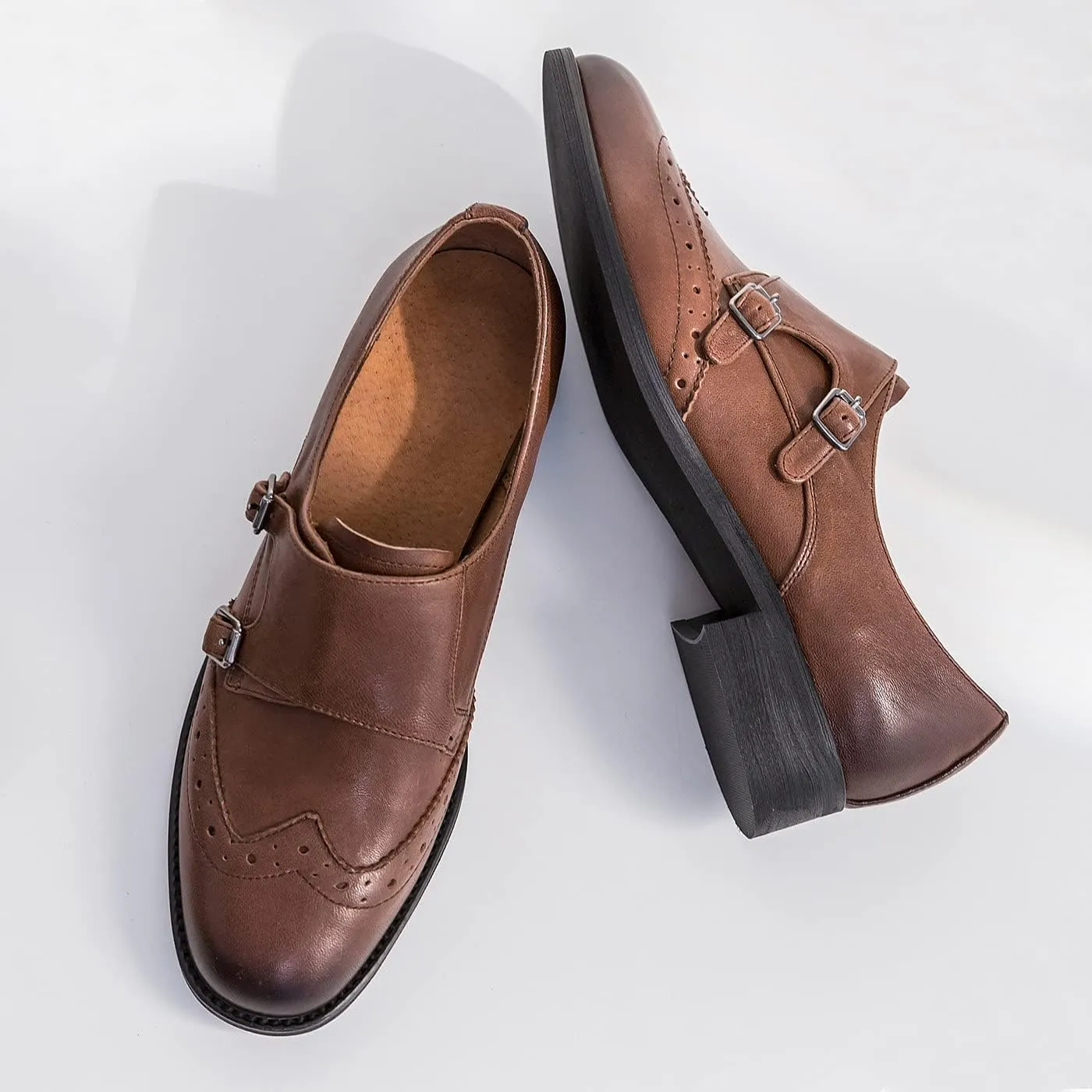U-lite Womens Monk Strap Shoes Sheepskin Perforated Fashion Buckle Vamp Brouge Oxfords Dress Shoes