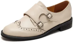 U-lite Womens Monk Strap Shoes Sheepskin Perforated Fashion Buckle Vamp Brouge Oxfords Dress Shoes