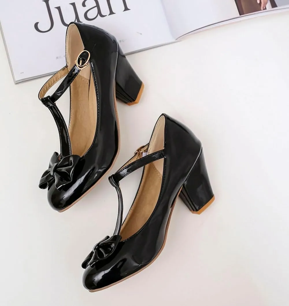 Unisex Round Toe Mary Jane Chunky Mid Heel Bow Pumps Wedding Party Shoes