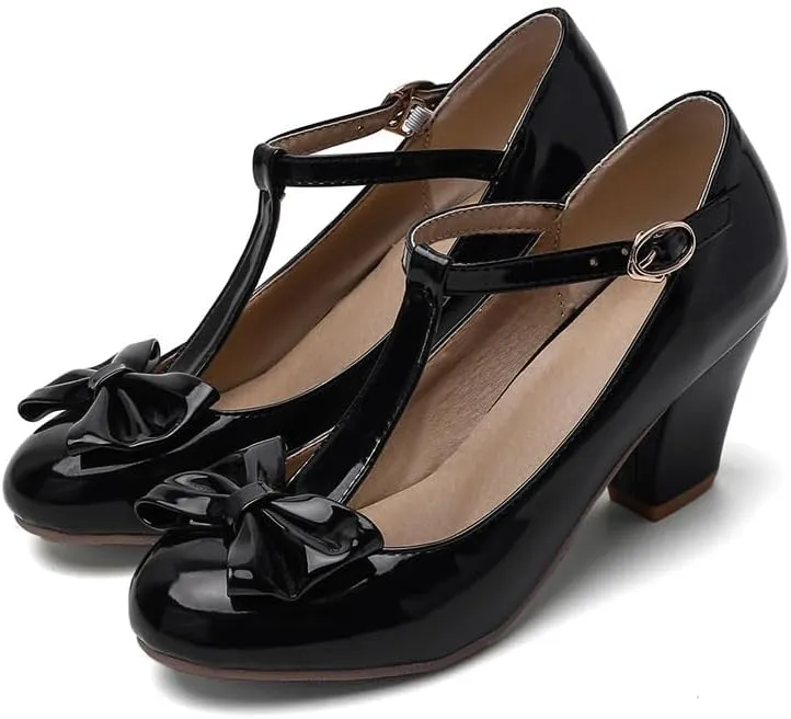 Unisex Round Toe Mary Jane Chunky Mid Heel Bow Pumps Wedding Party Shoes