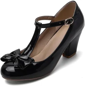 Unisex Round Toe Mary Jane Chunky Mid Heel Bow Pumps Wedding Party Shoes